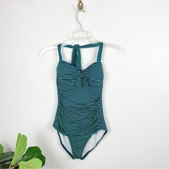 Tommy Bahama Green Stripe Halter One Piece Swimsuit Sz 4 - Picture 1 of 7